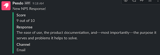 Screenshot of NPS response pulled into slack