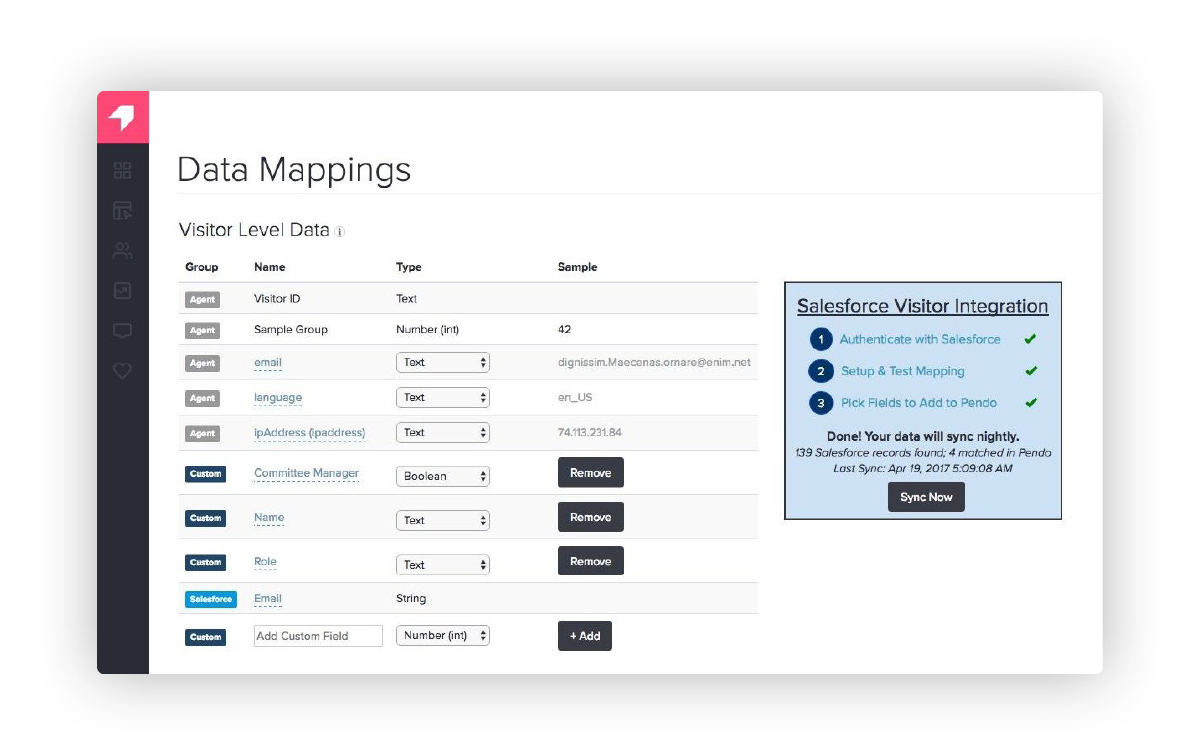 Pendo Data Mappings Screen