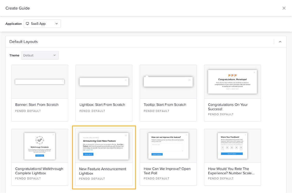 Pendo: Getting Started with In-app Onboarding - Select a guide layout