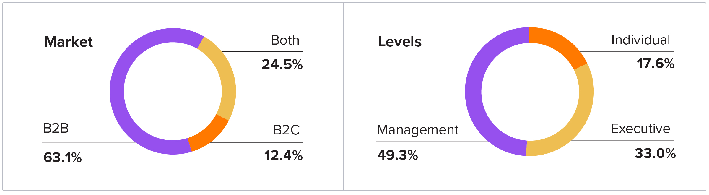 Market - B2B 63.1%, Both 24.5%, B2C 12.4% | Levels - Management 49.3%, Individual 17.6%, Executive 33%