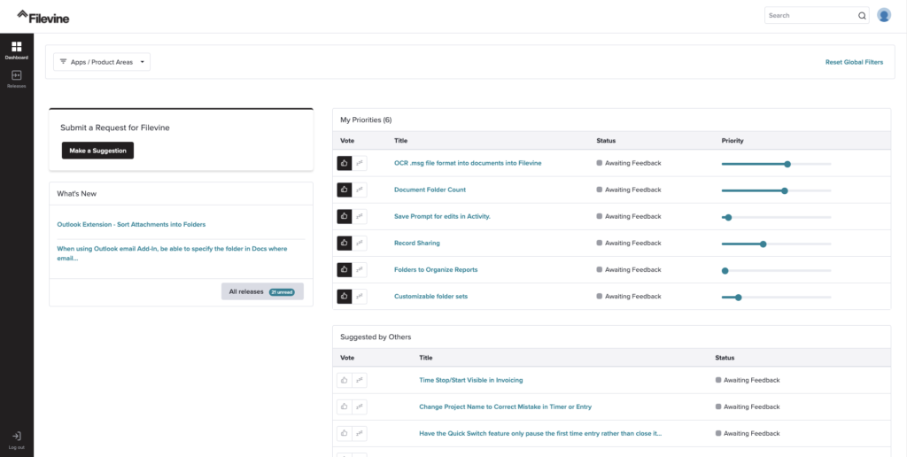 Screenshot des Feedback-Dashboards von Filevine, bereitgestellt über Pendo Feedback