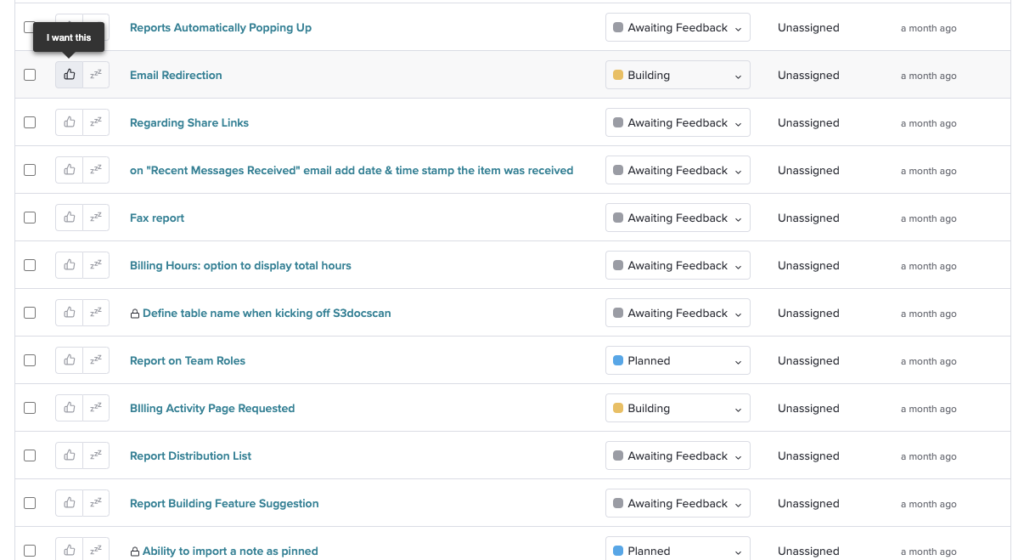 Screenshot des Feedback-Dashboards von Filevine, einschließlich Abstimmungs- und Priorisierungsfunktion