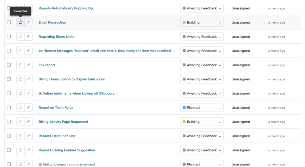 Screenshot of Filevine's Feedback dashboard, including voting and prioritization functionality