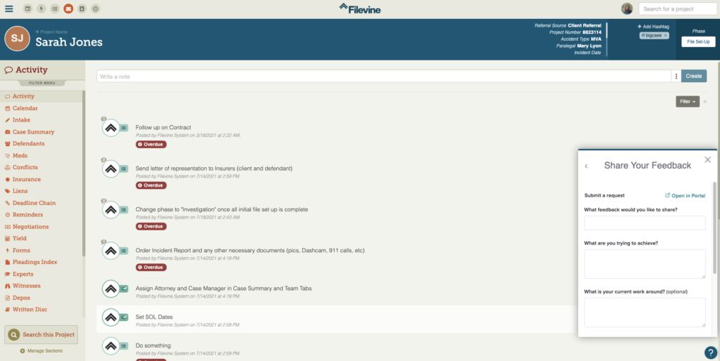 Screenshot des „Feedback teilen“-Moduls von Filevine, bereitgestellt über Pendo Feedback